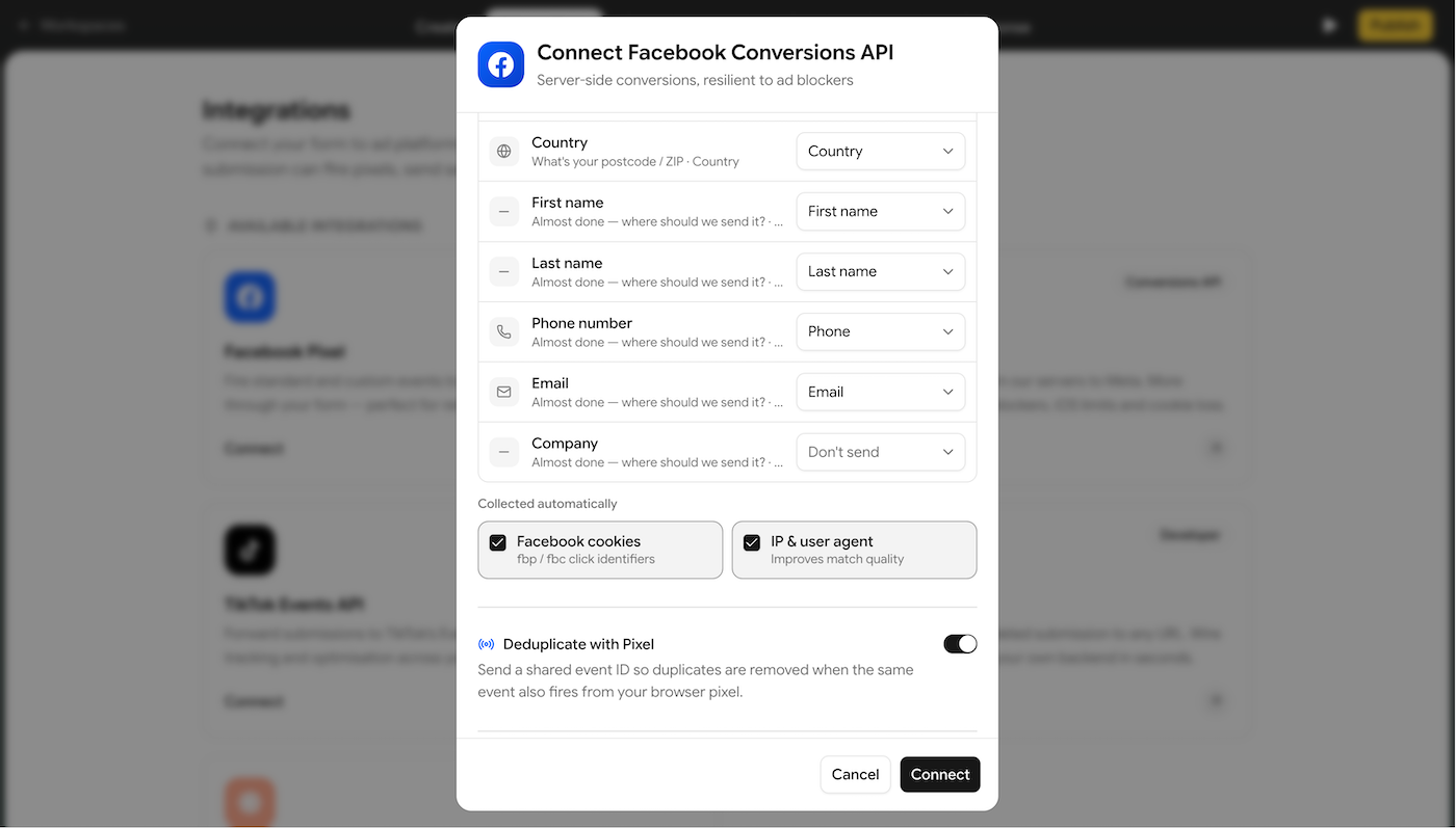 Mapping form fields to Meta and TikTok advanced matching parameters in Collectform