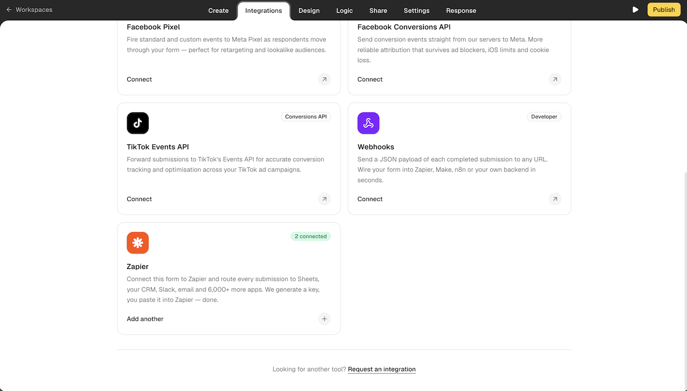 The Integrations tab in the Collectform form builder, with the Zapier card and its Connect button