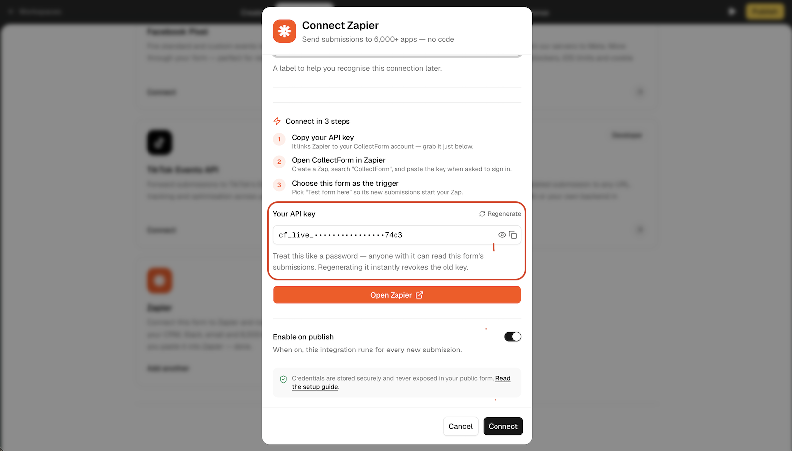 The Connect Zapier dialog in Collectform showing the generated API key with its reveal, copy, and regenerate controls