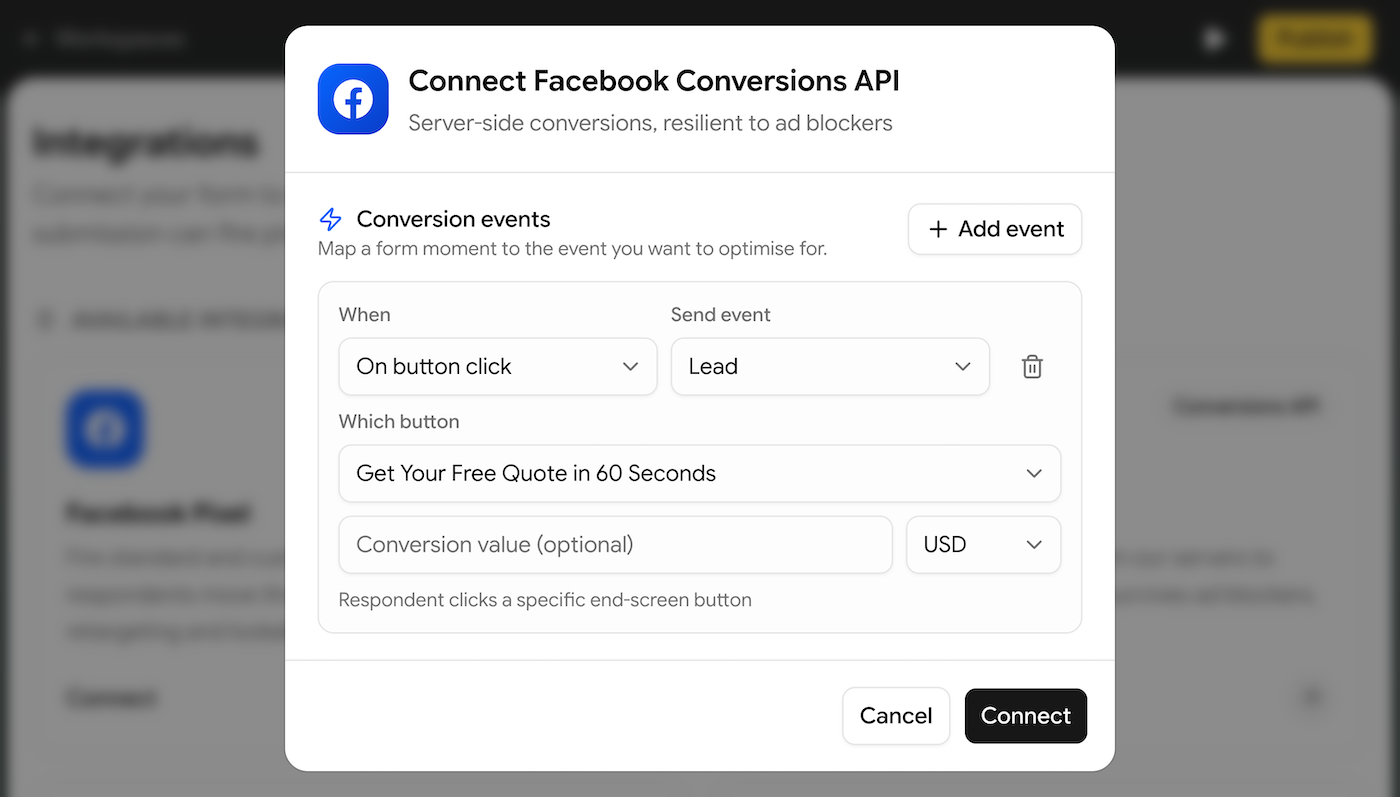 Mapping a Meta and TikTok CAPI conversion event to a specific button in a Collectform funnel