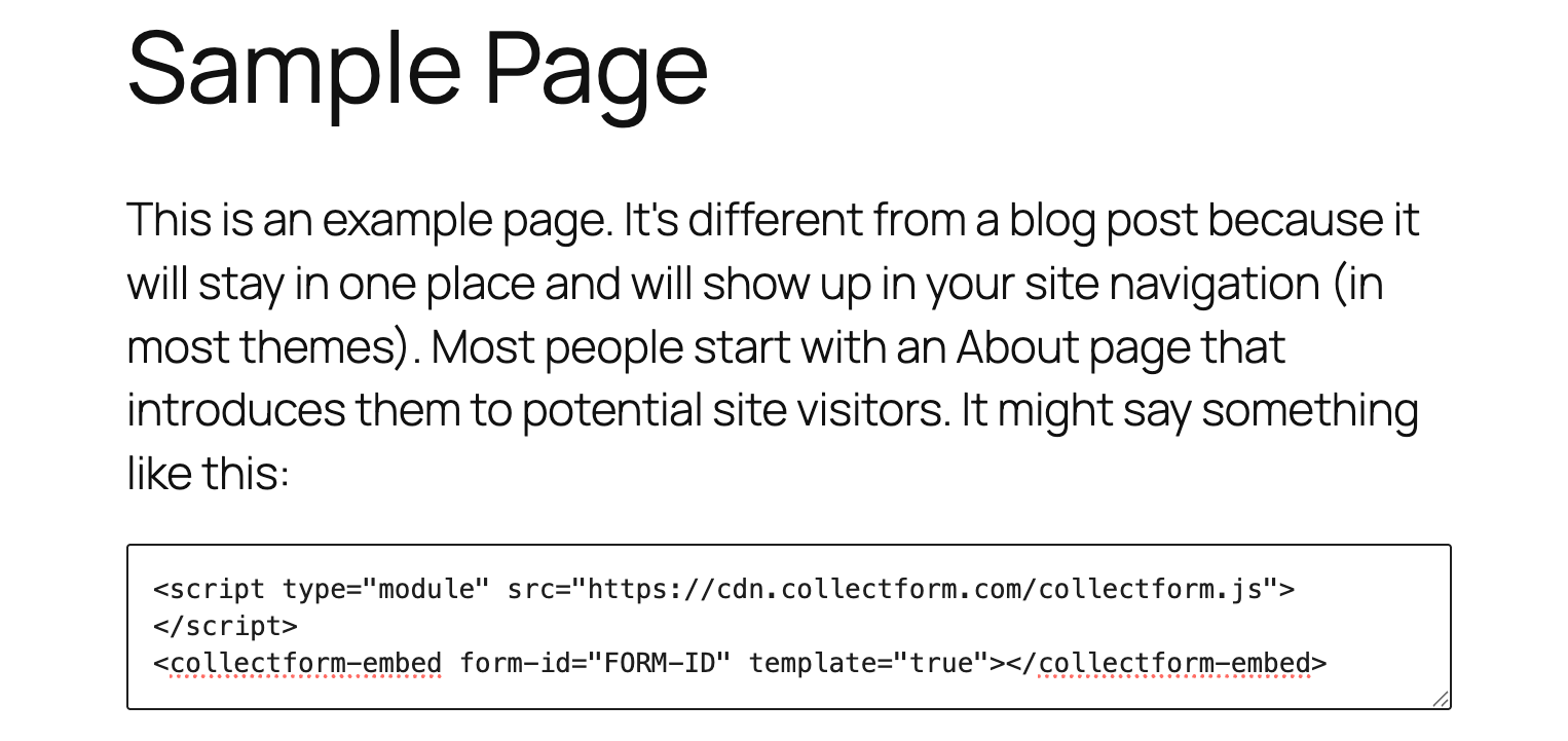 Both lines of the Collectform embed pasted into a Custom HTML block on a WordPress page, showing the script tag and the collectform-embed element together